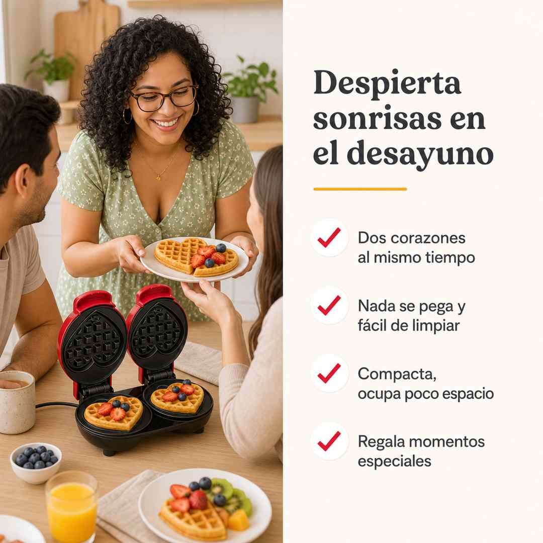 Waffles de Corazón - Mini Waflera Doble para Desayunar en Pareja - Oferta de Lanzamiento