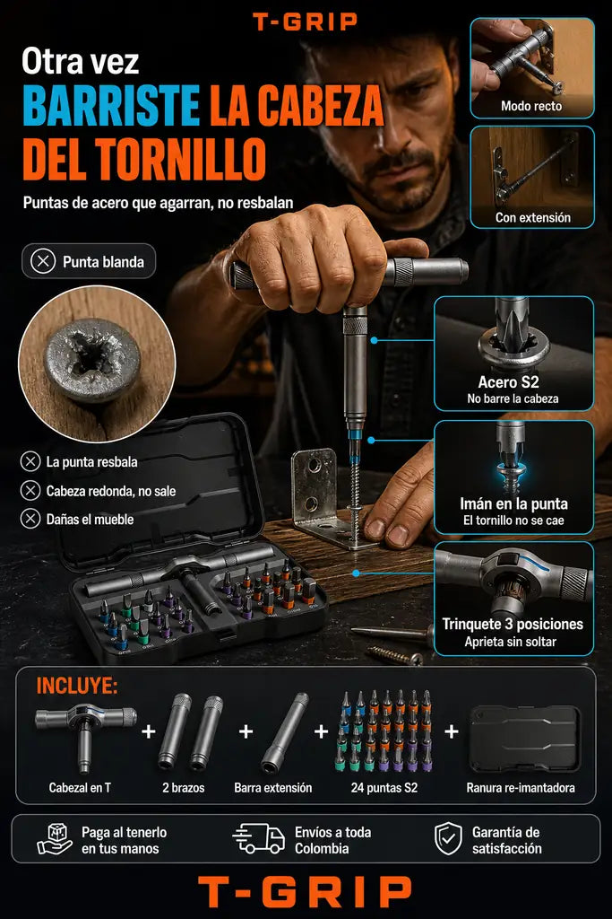 Destornillador T-GRIP 24 en 1 - Trinquete Magnético con Mango en T - Precio de Lanzamiento