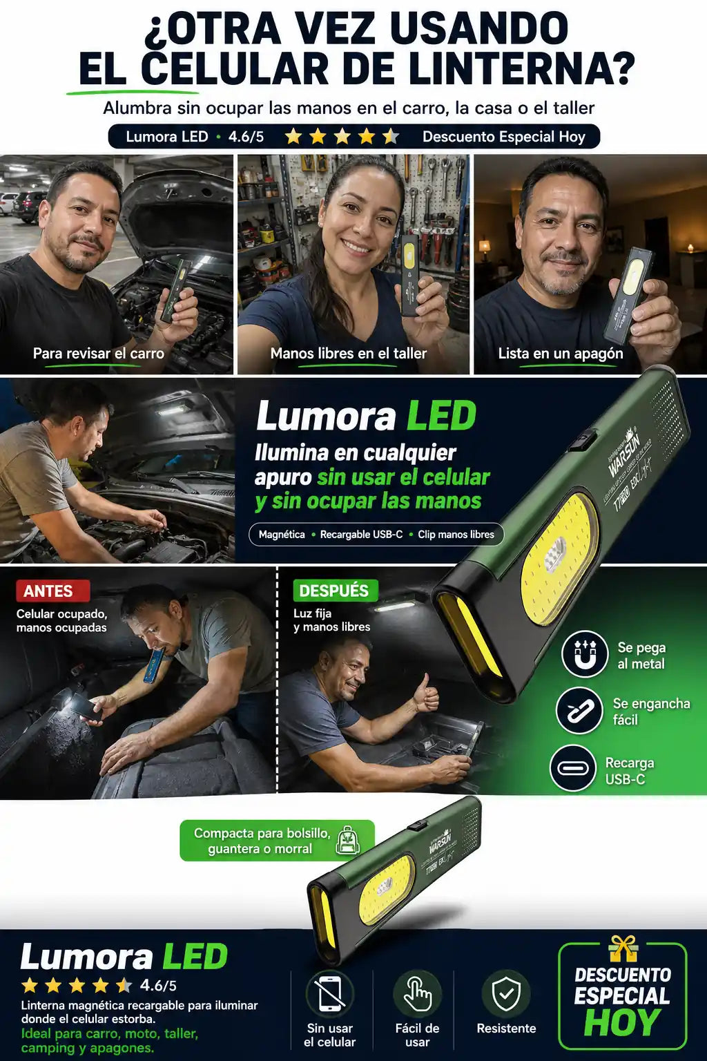 Lumora LED - Linterna Magnetica Manos Libres - Descuento Especial Hoy