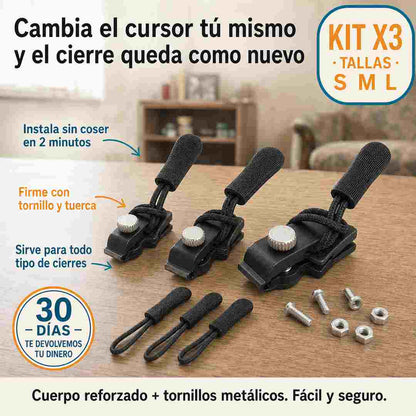 Kremax - Kit x3 Cursores para Cierre - Repara Chaquetas y Maletas Sin Coser