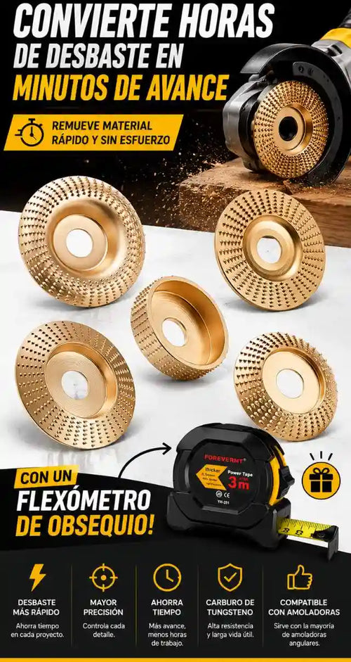 TurboCarve Pro | Kit 5 Discos Talladores para Madera + Flexómetro de Obsequio