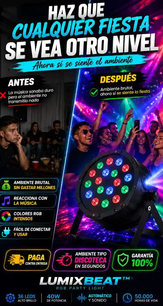 LUMIXBEAT Luz Par LED RGB 36 LEDs | Ambiente Tipo Discoteca En Segundos