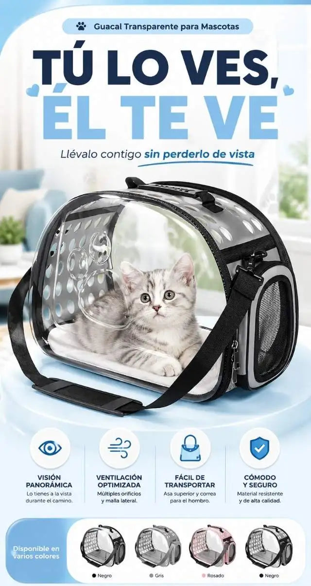 Guacal Transparente para Mascotas - 👀 Llévalo contigo sin perderlo de vista.