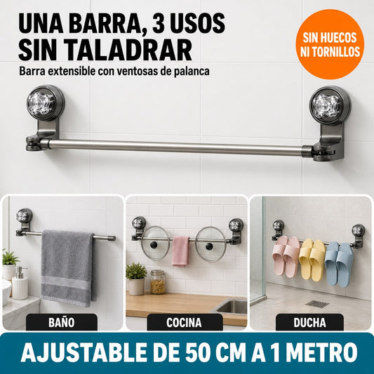 Barra extensible con ventosas: 3 usos sin taladrar (baño, cocina, ducha)