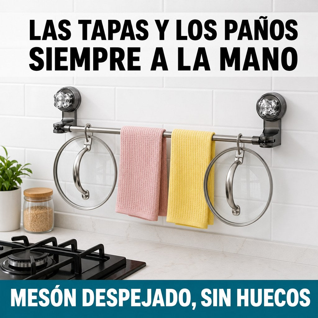 Barra con ventosas en la cocina: tapas y paños a la mano