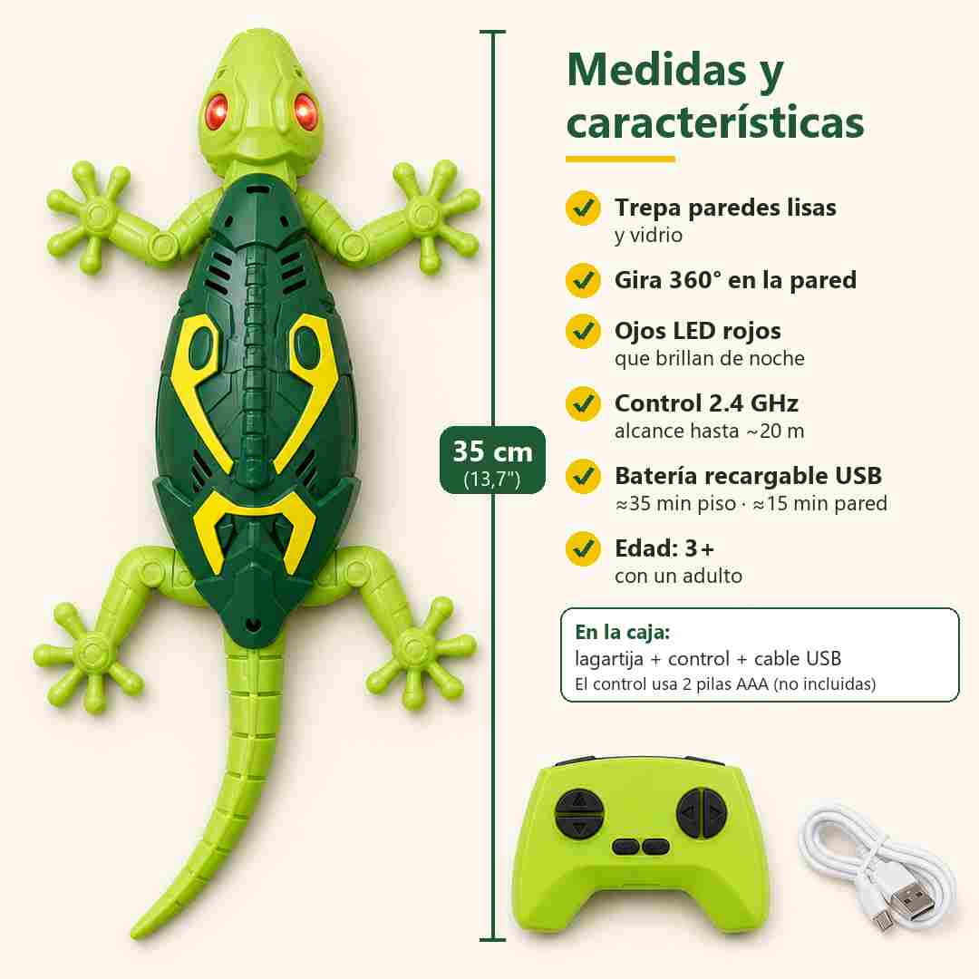GekkoPlay medidas y características: 35 cm, gira 360°, ojos LED, control 2.4 GHz