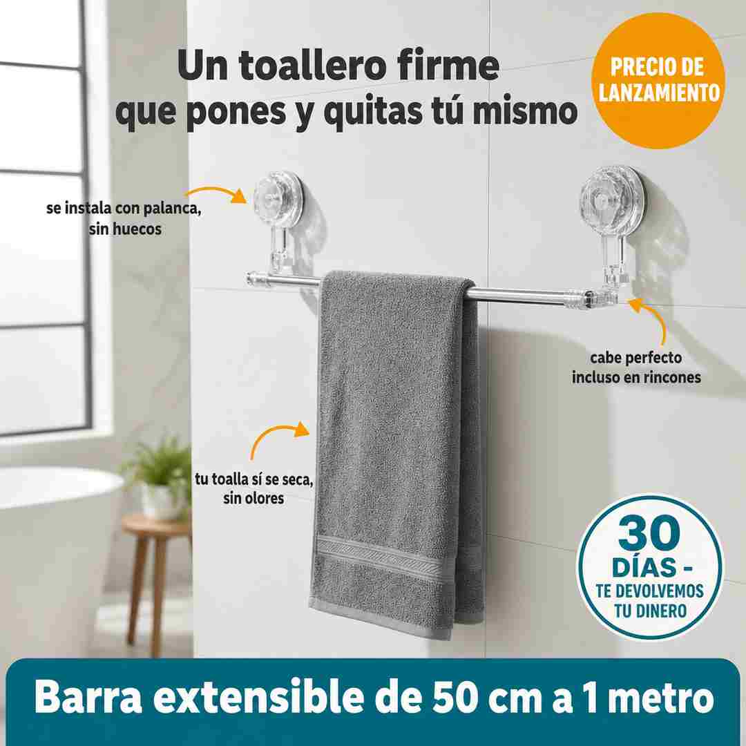 Toallero de Pared con Ventosa AquaHold - Sin Taladro - Barra Extensible 50 cm a 1 metro