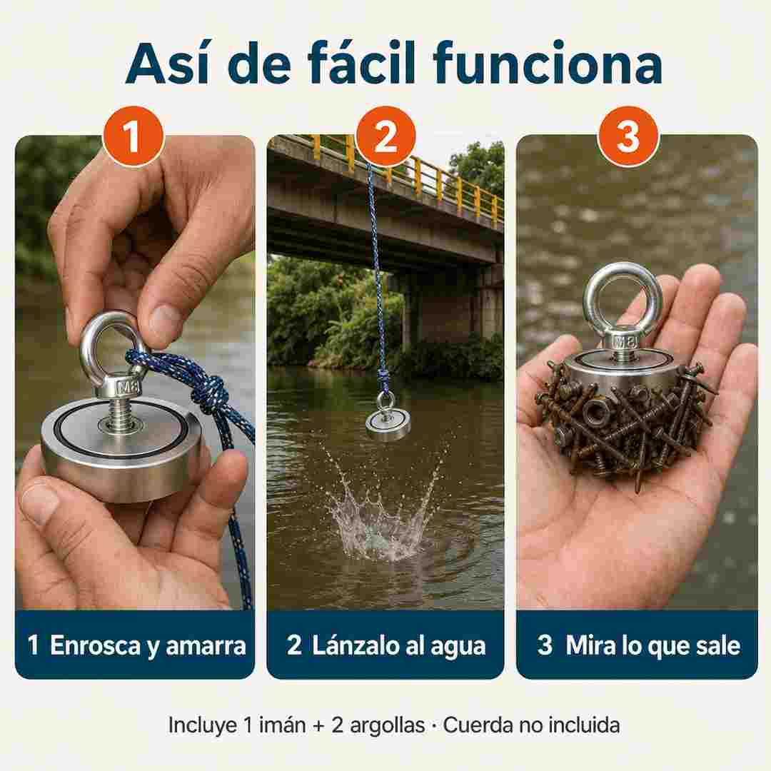 MagnaForte - Imán de Pesca Magnética Doble Cara 5 cm + 2 Argollas