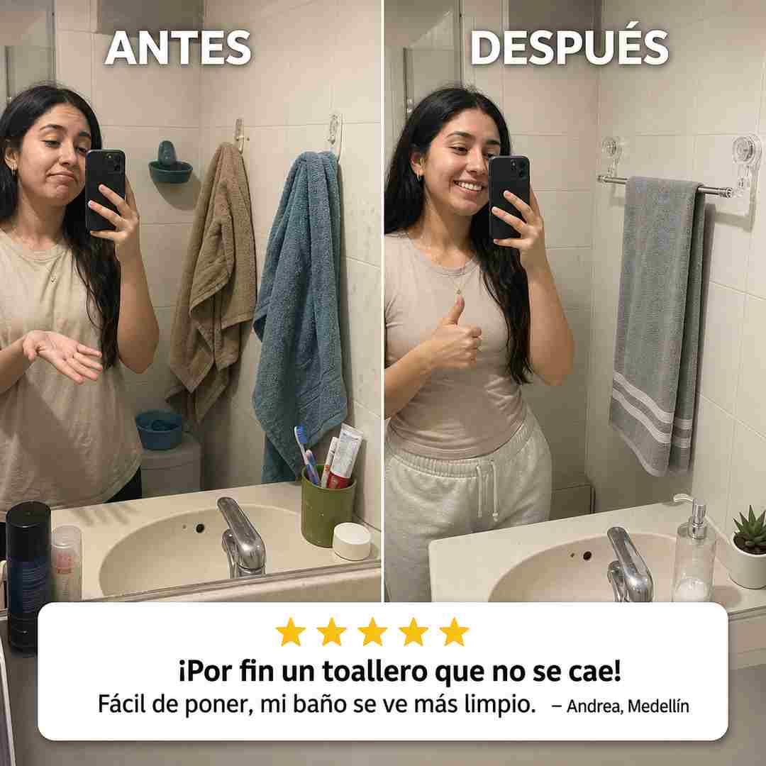 Toallero de Pared con Ventosa AquaHold - Sin Taladro - Barra Extensible 50 cm a 1 metro