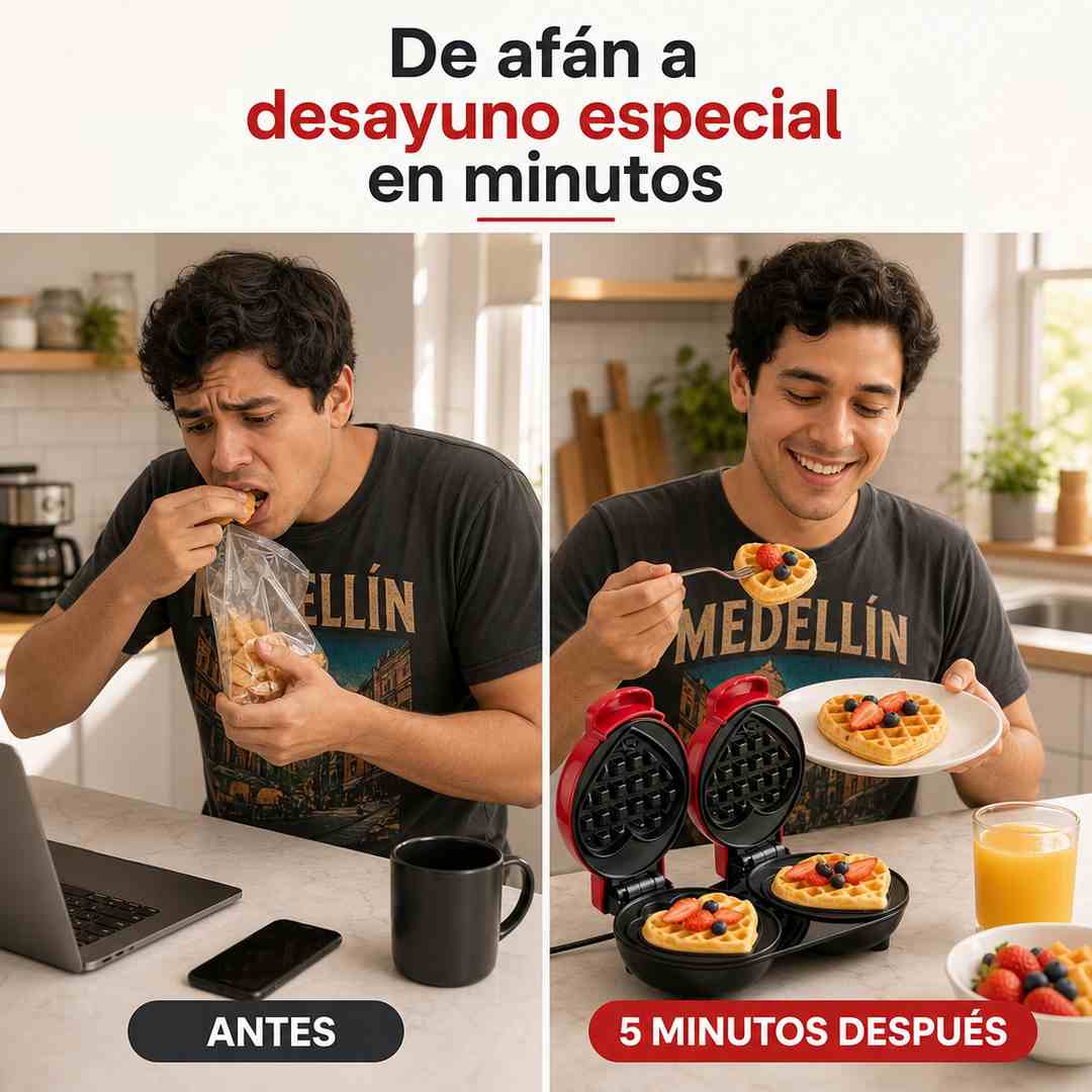 Waffles de Corazón - Mini Waflera Doble para Desayunar en Pareja - Oferta de Lanzamiento