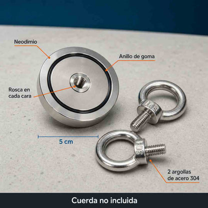 MagnaForte - Imán de Pesca Magnética Doble Cara 5 cm + 2 Argollas